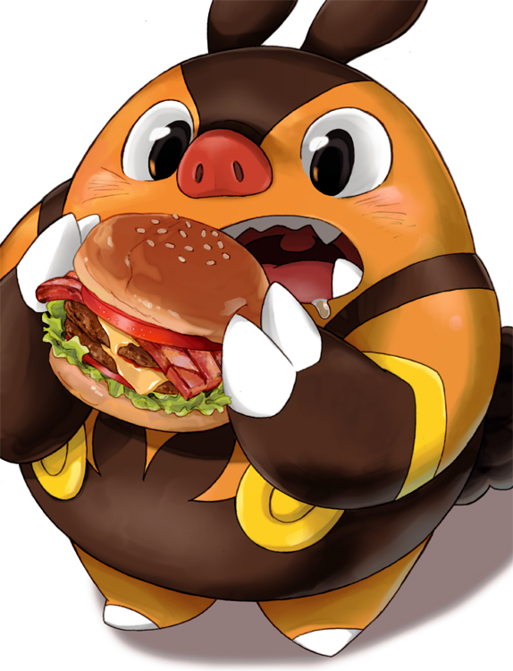 bacon black_eyes burger commentary_request eating food hijirino_yuuta holding holding_food lettuce no_humans open_mouth pignite pokemon pokemon_(creature) saliva sesame_seeds sliced_cheese solo standing teeth tomato_slice tongue