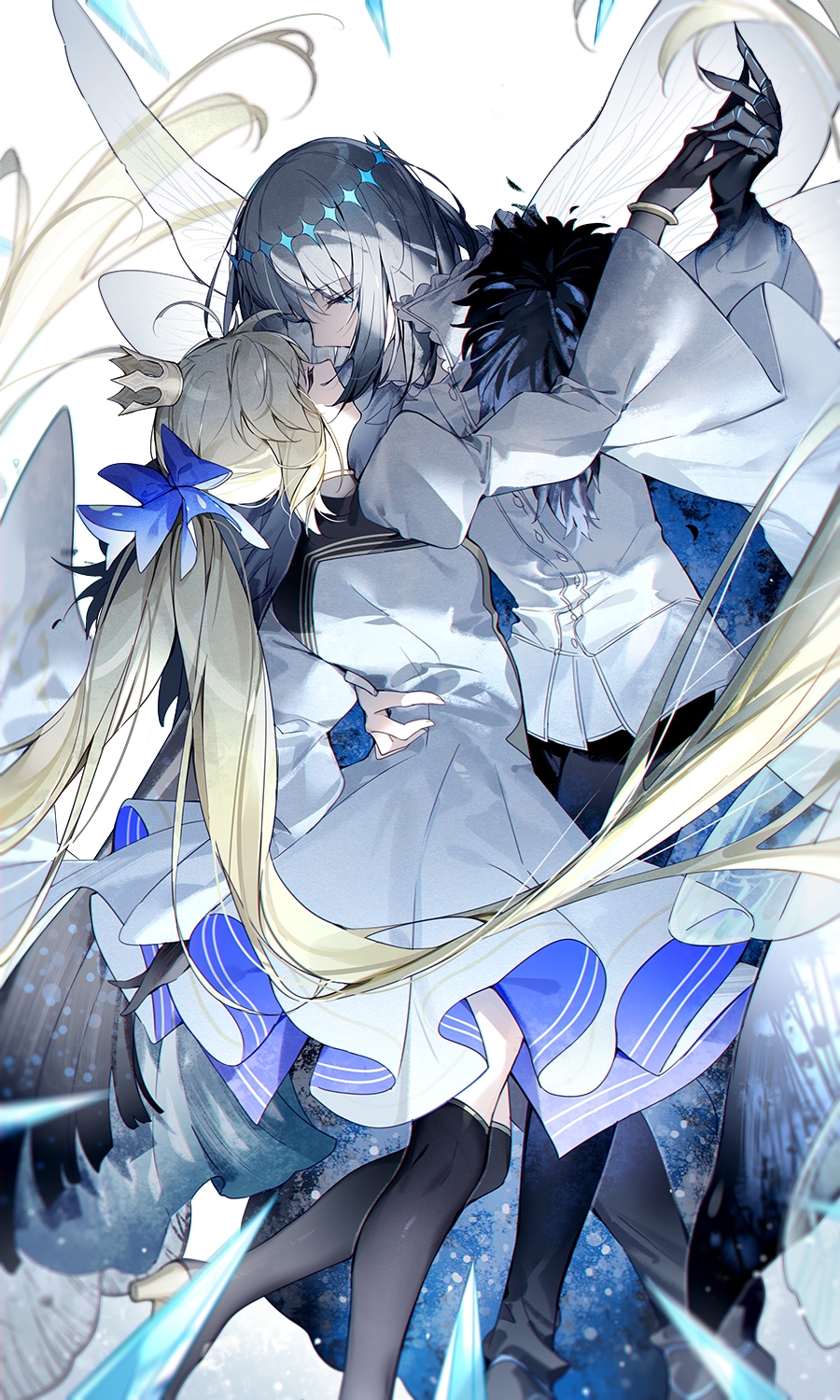 1boy 1girl artoria_pendragon_(caster)_(fate) artoria_pendragon_(fate) black_cape black_gloves black_legwear black_pants blonde_hair blue_bow blue_eyes bow bracelet buttons cape claws closed_eyes commentary couple crown dancing diamond_hairband dress fate/grand_order fate_(series) feet_out_of_frame fur_cape gloves grey_hair hair_bow hand_on_another's_waist hetero highres insect_wings jewelry kamiowl kneehighs long_hair long_sleeves looking_at_another looking_down mini_crown oberon_(fate) pants puffy_sleeves shirt short_hair spoilers symbol-only_commentary twintails white_dress white_shirt wings