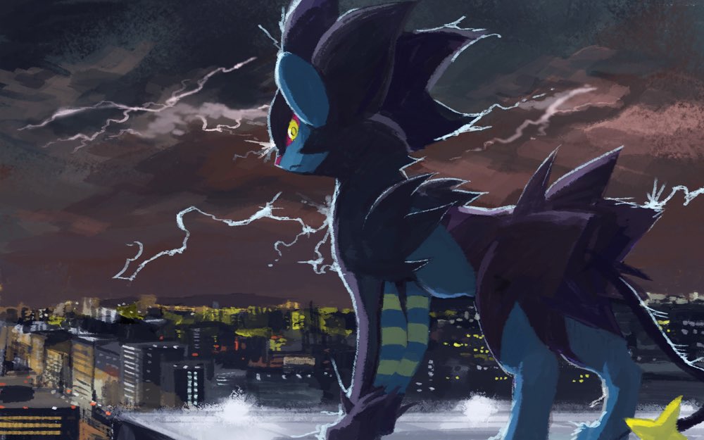 building city clouds colored_sclera commentary_request gen_4_pokemon lightning luxray no_humans outdoors pokemon pokemon_(creature) red_sclera solo standing uninori yellow_eyes
