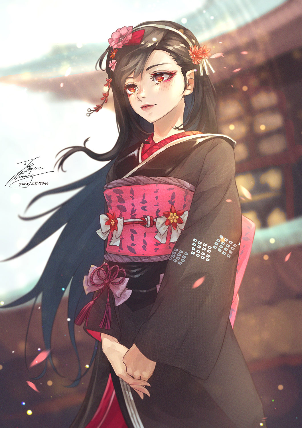 1girl bangs brown_eyes closed_mouth commentary_request expressionless eyelashes fadingz final_fantasy final_fantasy_vii final_fantasy_vii_remake flower hair_flower hair_ornament hairband highres japanese_clothes kimono long_hair long_sleeves looking_afar mixed-language_commentary pixiv_id red_eyes red_lips signature solo swept_bangs tifa_lockhart tifa_lockhart's_exotic_dress v_arms wide_sleeves