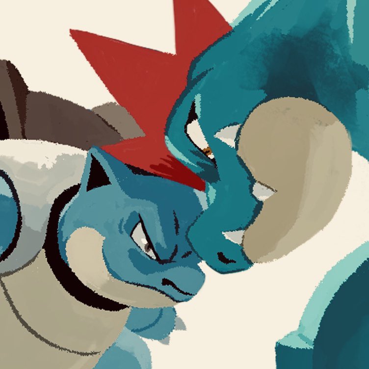 blastoise brown_eyes claws closed_mouth commentary_request eye_contact fangs fangs_out feraligatr gen_1_pokemon gen_2_pokemon looking_at_another no_humans pokemon pokemon_(creature) simple_background uninori white_background