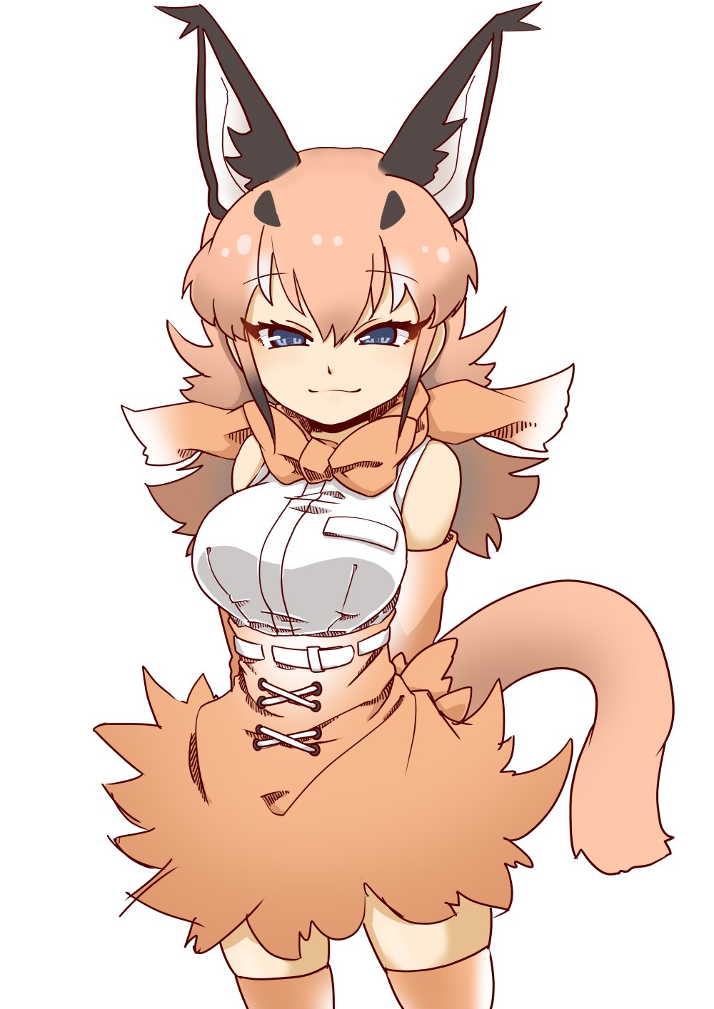 1girl 370ml animal_ears arms_behind_back belt blue_eyes bow bowtie brown_gloves brown_legwear brown_neckwear brown_skirt caracal_(kemono_friends) closed_eyes closed_mouth commentary elbow_gloves extra_ears eyebrows_visible_through_hair gloves half-closed_eyes high-waist_skirt highres kemono_friends light_brown_hair long_hair looking_at_viewer miniskirt shirt short_hair simple_background skirt sleeveless sleeveless_shirt smile solo standing tail thigh-highs white_background white_belt white_shirt