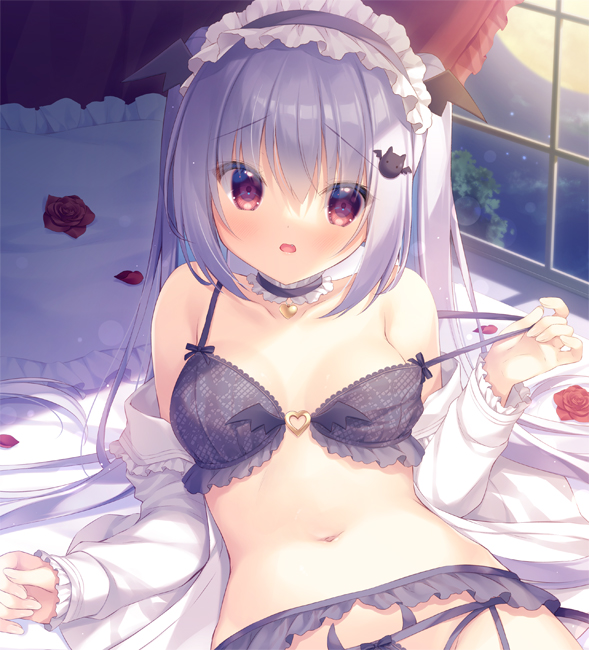 1girl bat_hair_ornament black_bra black_hairband black_panties blush bra breasts commentary_request flower frilled_hairband frilled_pillow frilled_sleeves frills full_moon garter_belt grey_hair hair_ornament hairband hand_up indoors long_hair long_sleeves looking_at_viewer moon navel open_clothes open_mouth open_shirt original panties petals pillow pulled_by_self red_eyes red_flower red_rose rose shirt small_breasts solo strap_pull twintails underwear very_long_hair white_shirt window yukie_(peach_candy)