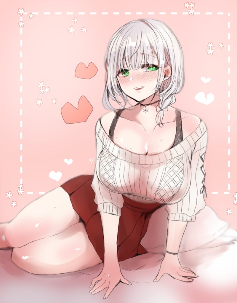 1girl all_fours blush bra bra_strap breasts choker green_eyes heart hololive jewelry large_breasts legs_together low-cut lying mamemix necklace on_side red_skirt shirogane_noel shoulders skirt smile solo sweat sweatdrop thighs underwear white_hair