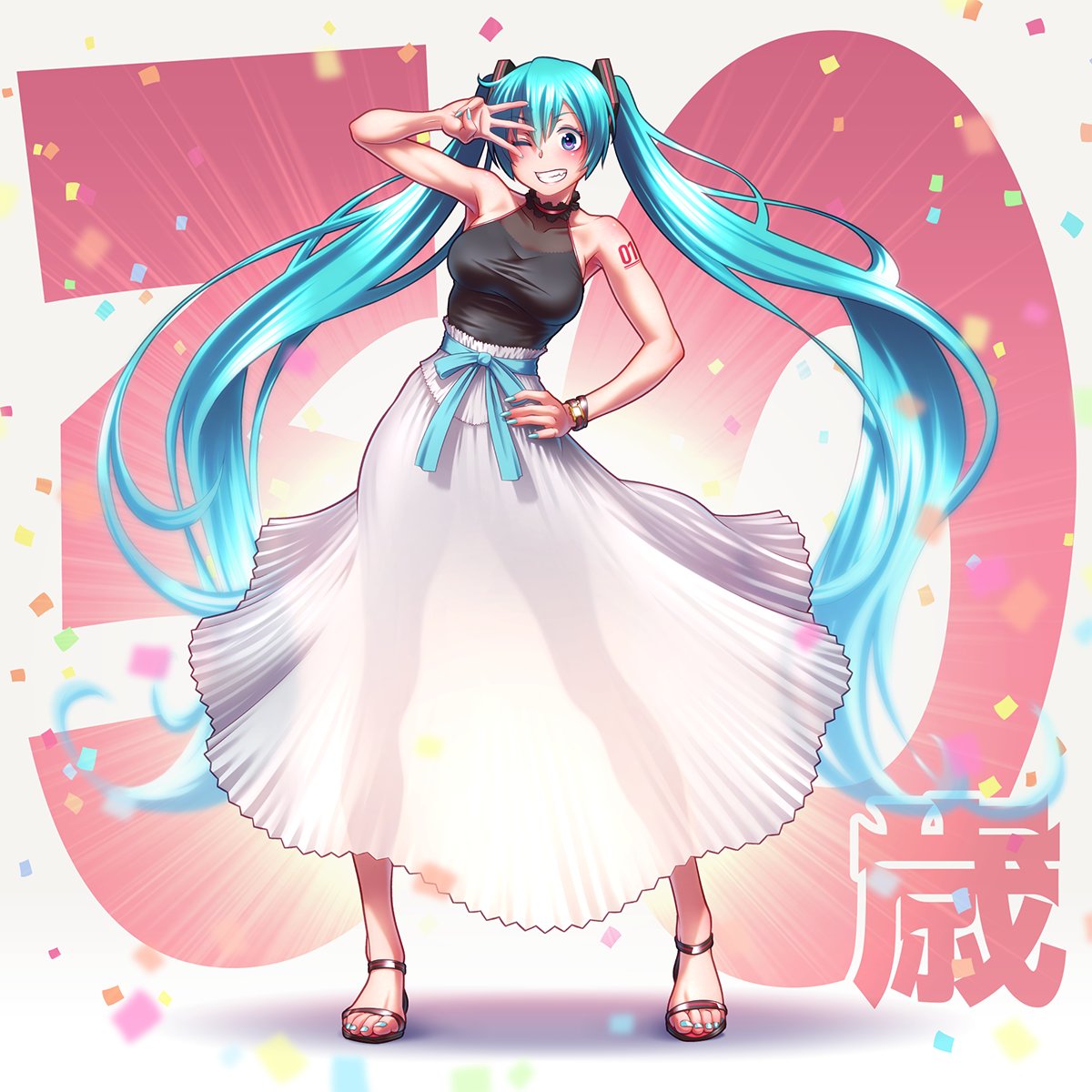 1girl ;d alternate_costume aqua_eyes aqua_hair black_shirt bracelet breasts collarbone commentary_request confetti emphasis_lines eyebrows_visible_through_hair full_body grin hair_between_eyes hand_on_hip hand_to_head hand_up hatsune_miku highres jewelry long_hair looking_at_viewer medium_breasts middle_w nail_polish one_eye_closed open_mouth sash see-through see-through_skirt shirt skirt sleeveless smile solo taut_clothes taut_shirt tight tight_shirt toeless_footwear translation_request twintails very_long_hair vocaloid w white_skirt wokada