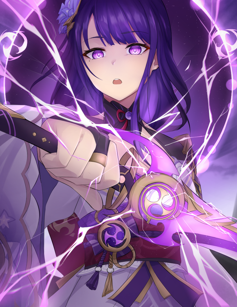 1girl bangs braid breasts bridal_gauntlets commentary electricity english_commentary eyebrows_visible_through_hair flower genshin_impact hair_ornament holding holding_sword holding_weapon japanese_clothes kimono long_hair long_sleeves looking_at_viewer mole mole_under_eye obi obiage obijime open_mouth purple_flower purple_hair raiden_shogun ribbon sash simple_background solo sword tassel violet_eyes weapon wide_sleeves yosheki