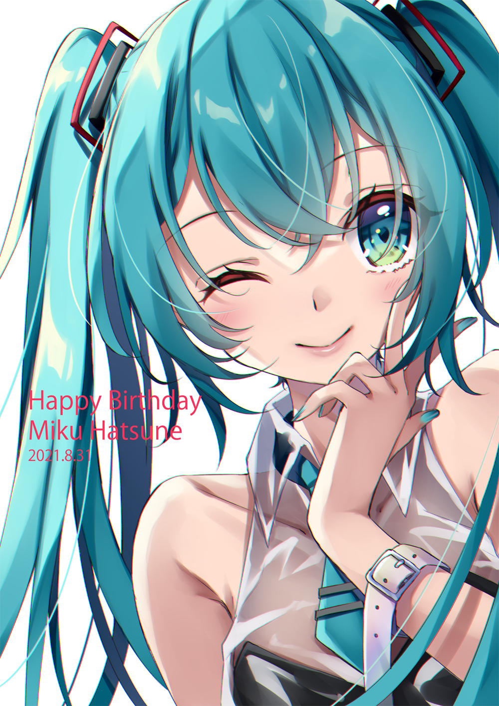 1girl ;) aqua_eyes aqua_hair aqua_nails aqua_neckwear bangs bare_shoulders blush buckle character_name closed_mouth collarbone dated eyebrows_visible_through_hair hand_up happy_birthday hatsune_miku highres inumine_aya lips long_hair nail_polish necktie one_eye_closed pink_lips simple_background sleeveless smile solo twintails upper_body v vocaloid white_background wing_collar