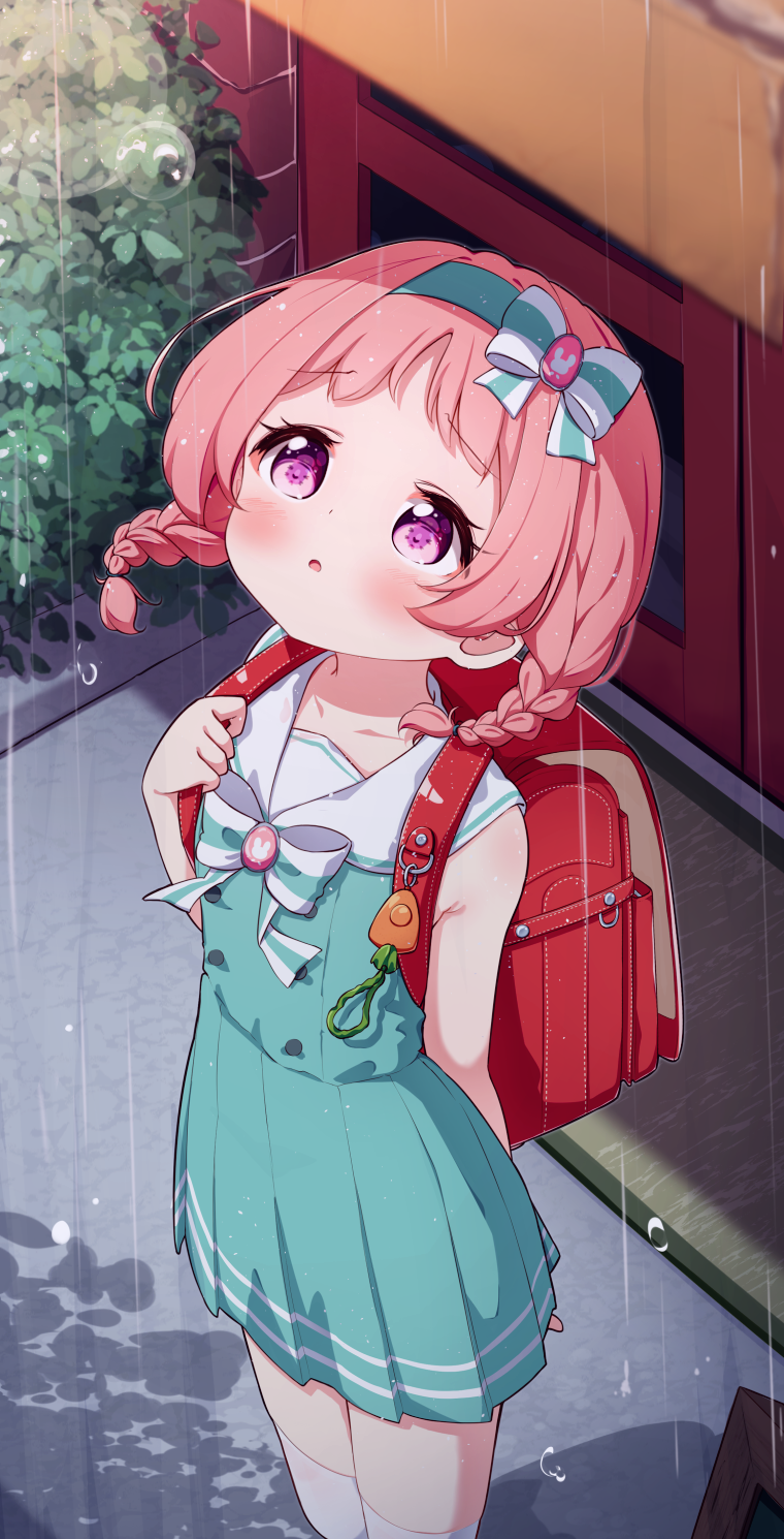 1girl :o backpack bag bangs blue_dress blue_hairband blush bow braid commentary day dress eyebrows_visible_through_hair hairband highres looking_away looking_up mimi_(princess_connect!) outdoors parted_lips pink_hair pleated_dress princess_connect! rain randoseru sailor_collar sailor_dress setmen sleeveless sleeveless_dress solo standing striped striped_bow thigh-highs twin_braids twintails violet_eyes white_legwear white_sailor_collar