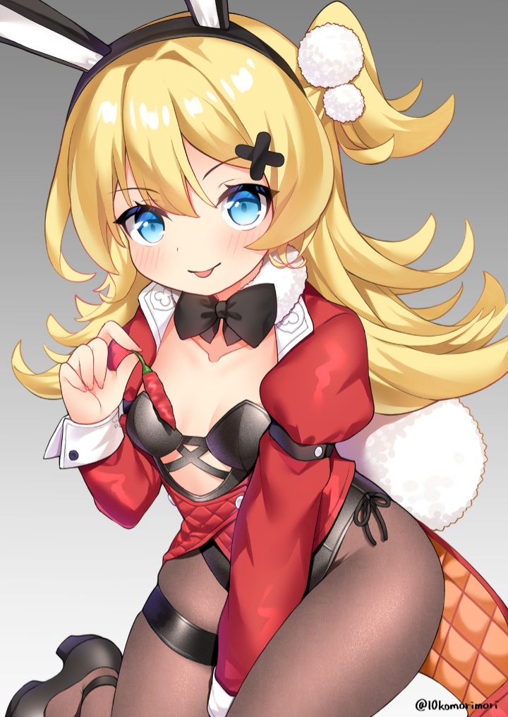 1girl abercrombie_(azur_lane) alternate_costume animal_ears azur_lane blonde_hair blue_eyes blush breasts chili_pepper collarbone commentary_request fake_animal_ears hair_ornament juugou_taki looking_at_viewer medium_hair playboy_bunny simple_background small_breasts solo tongue tongue_out twitter_username