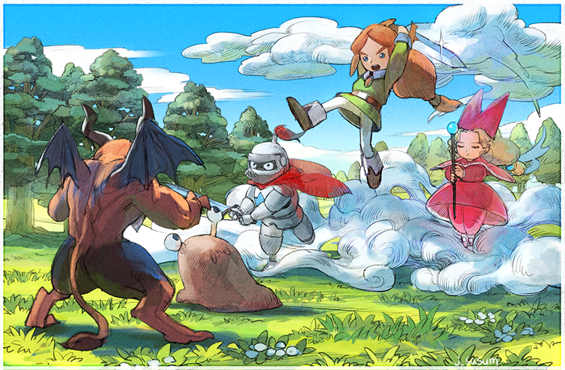 1girl 2boys armor black_footwear blonde_hair brown_hair cape character_request check_character closed_eyes floating flower glint grass green_shirt holding holding_staff holding_sword holding_weapon leaf long_hair long_sleeves low-tied_long_hair monster multiple_boys narcia pants pietro_pakapuka plant popolocrois red_cape red_headwear red_pants sasumata_jirou shadow shirt staff sword tail tree weapon white_flower white_knight_(popolocrois) white_pants wings