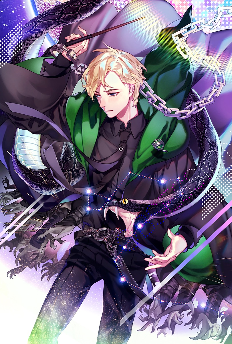 1boy black_robe blonde_hair blue_eyes draco_malfoy harry_potter highres hogwarts_school_uniform holding holding_wand nagini prussia_echo robe school_uniform short_hair slytherin snake solo striped striped_neckwear wand