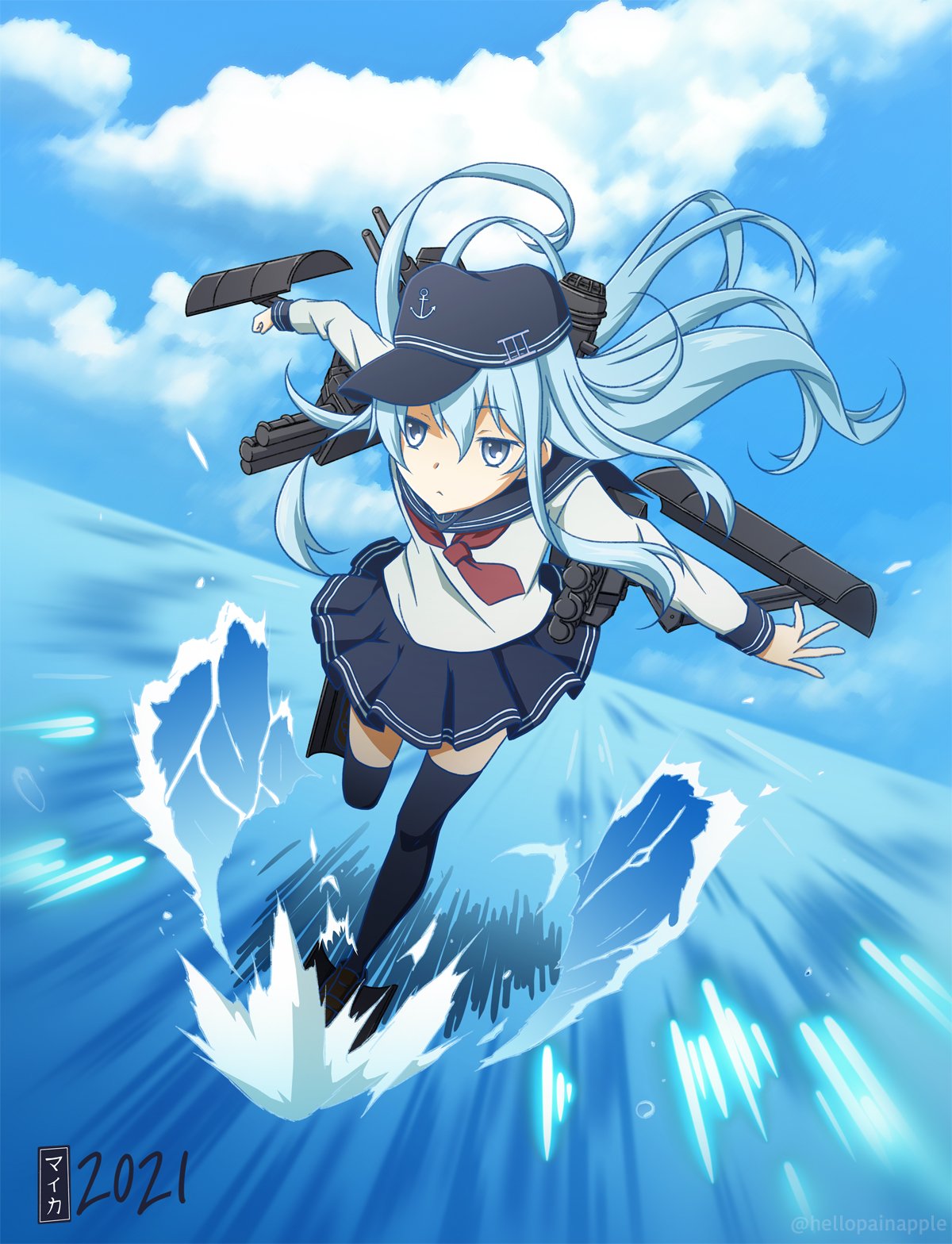 1girl 2021 black_legwear blue_skirt character_request highres kantai_collection painapple red_neckwear running_on_liquid russian_commentary school_uniform skirt solo thigh-highs water