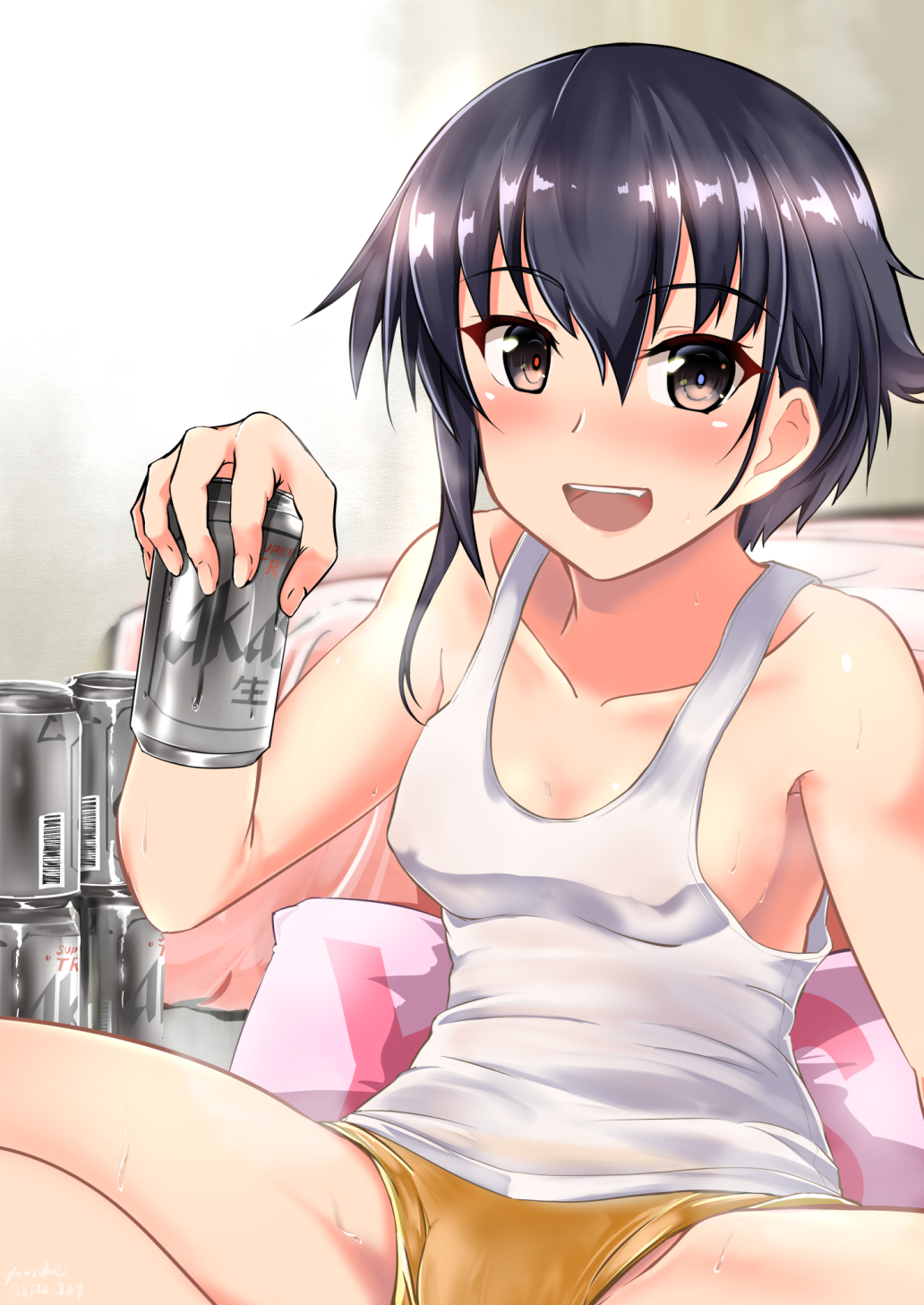 1girl alternate_costume asymmetrical_hair beer_can black_hair breasts brown_eyes can hair_between_eyes highres holding holding_can i-14_(kancolle) kantai_collection panties short_hair small_breasts solo tank_top underwear white_tank_top yellow_panties yo-suke