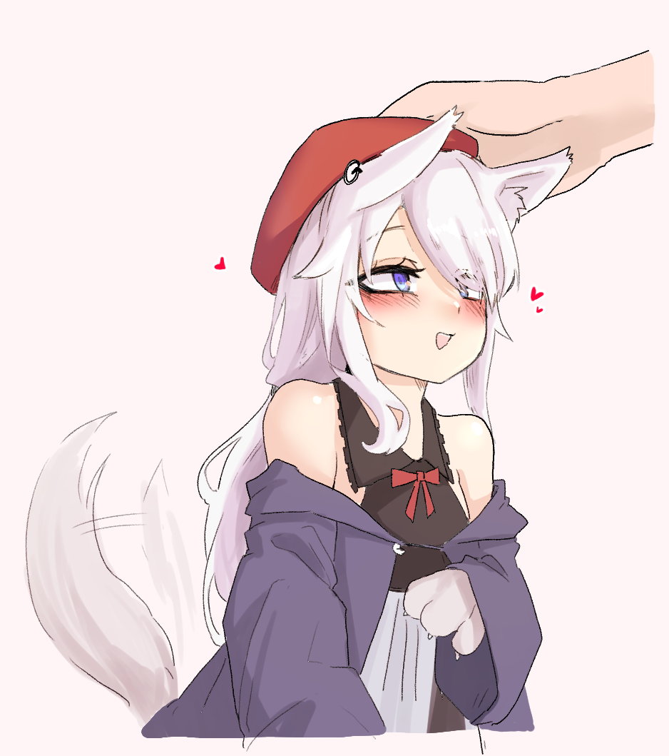 1girl 2poet 9a-91_(girls_frontline) animal_ear_fluff animal_ears animal_hands bare_shoulders blue_eyes blue_jacket blush girls_frontline grey_background hat headpat heart jacket off_shoulder open_mouth red_headwear simple_background solo_focus tail tail_wagging upper_body wide_sleeves