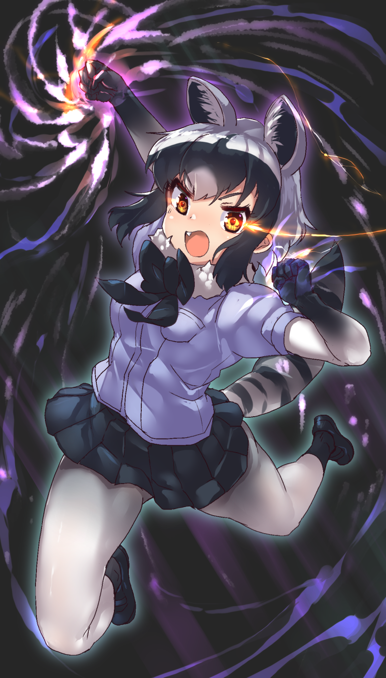 1girl animal_ear_fluff animal_ears aura bangs black_footwear black_hair black_neckwear black_skirt blue_shirt bow bowtie clenched_hands common_raccoon_(kemono_friends) elbow_gloves extra_ears fang full_body fur_trim gloves glowing glowing_eyes grey_hair highres jumping kemono_friends multicolored_hair open_mouth orange_eyes pantyhose pleated_skirt puffy_short_sleeves puffy_sleeves punching raccoon_ears raccoon_girl raccoon_tail shirt shoes short_hair short_sleeves skirt solo tadano_magu tail v-shaped_eyebrows white_hair