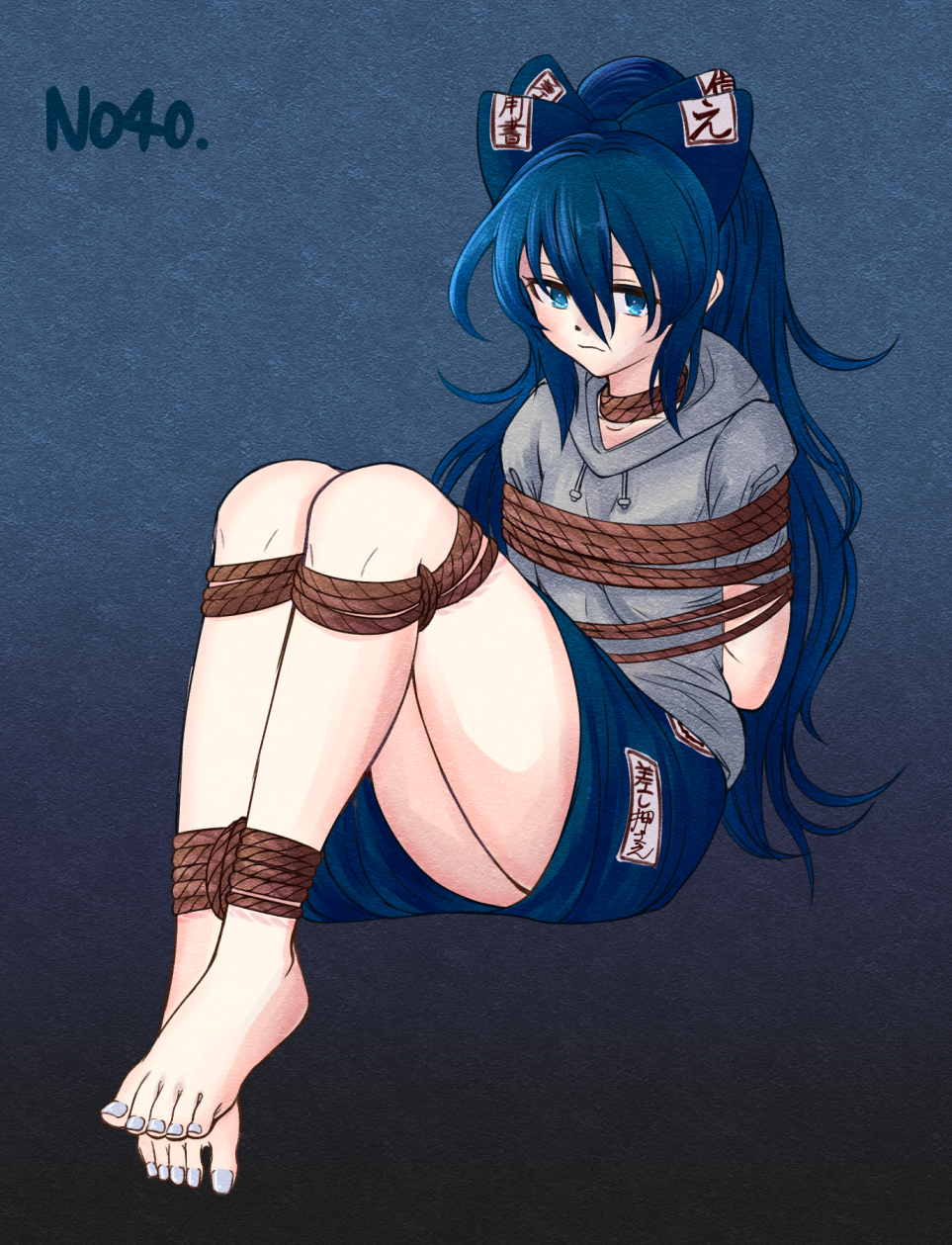 1girl arms_behind_back barefoot bdsm blue_bow blue_eyes blue_hair bondage bound bound_arms bound_legs bow debt flat_chest grey_hoodie hair_bow highres hood hoodie looking_away pedicure shibari skirt touhou yorigami_shion