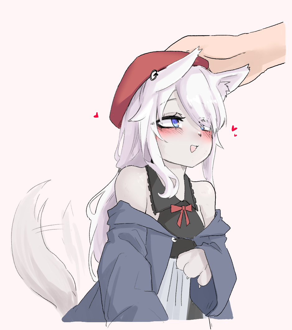 1girl 2poet 9a-91_(girls_frontline) animal_ear_fluff animal_ears bare_shoulders blue_eyes blue_jacket blush furry girls_frontline grey_background hat headpat heart jacket off_shoulder open_mouth red_headwear simple_background solo_focus tail tail_wagging upper_body wide_sleeves