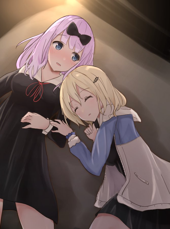 2girls black_bow black_dress blonde_hair blue_eyes blush bow dress fujiwara_chika ge_terapin hair_bow hair_ornament hayasaka_ai hood hooded_jacket jacket kaguya-sama_wa_kokurasetai_~tensai-tachi_no_renai_zunousen~ long_sleeves lying medium_hair multiple_girls on_back on_side pink_hair red_ribbon ribbon school_uniform