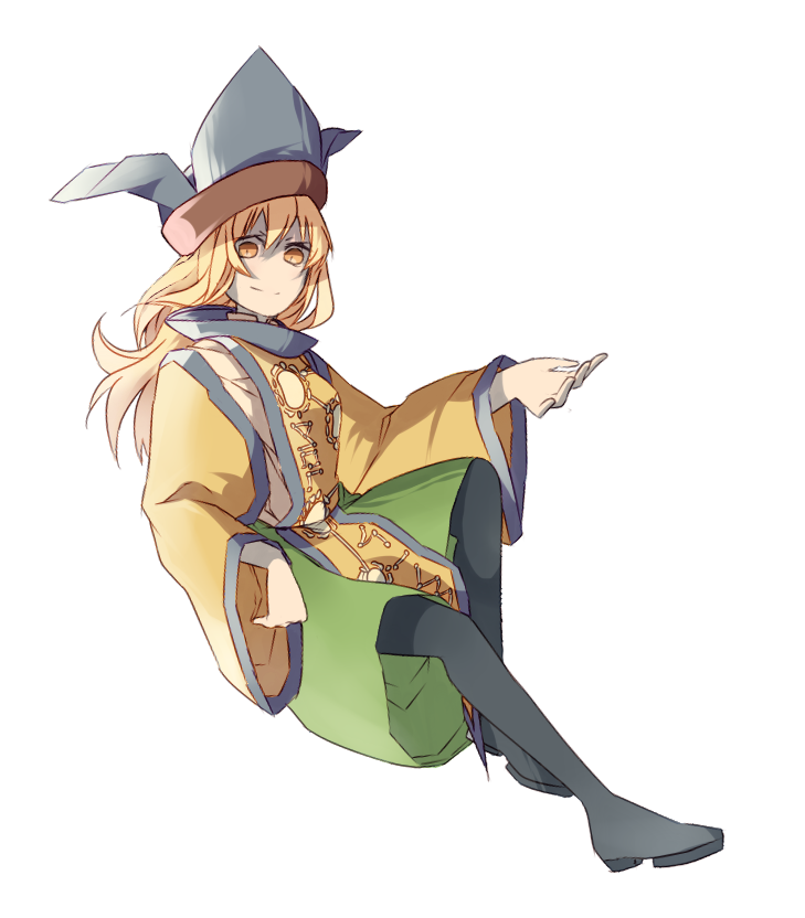 1girl bangs blonde_hair boots breasts brown_headwear cape closed_mouth constellation constellation_print detached_sleeves green_skirt grey_footwear grey_headwear hair_between_eyes hand_up hat long_hair long_sleeves looking_at_viewer matara_okina medium_breasts orange_cape orange_sleeves shaded_face shirt simple_background sitting skirt smile solo thisiszzcat touhou white_background white_shirt wide_sleeves yellow_eyes
