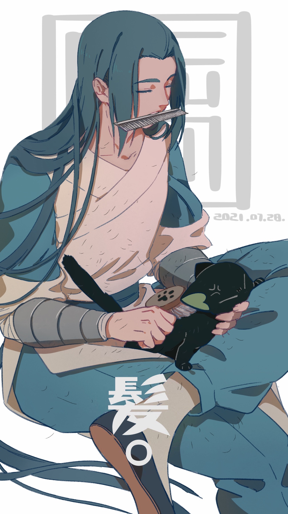 2boys black_cat black_hair cat closed_eyes comb crossed_legs dated fermium.ice hair_brush highres invisible_chair long_hair luoxiaohei mouth_hold multiple_boys sidelocks sitting the_legend_of_luo_xiaohei wuxian_(the_legend_of_luoxiaohei)