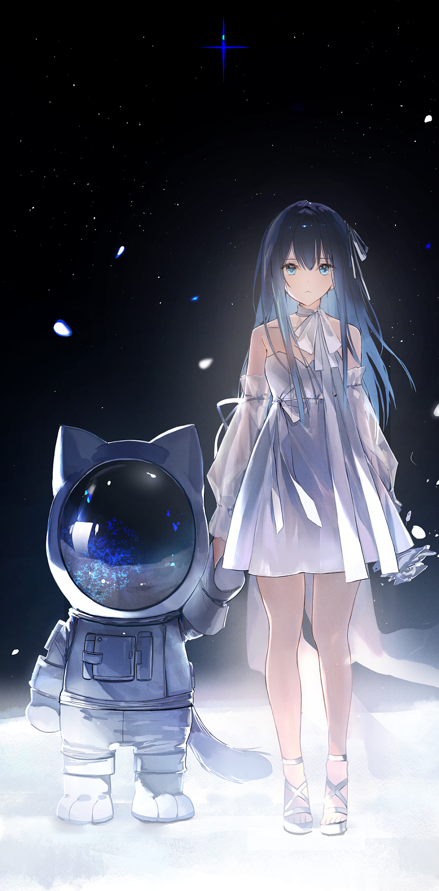 1girl astronaut black_hair blue_eyes cat choker closed_mouth dress hair_ribbon hand_grab highres holding holding_hands long_hair looking_at_viewer naru_(ul) original petals ribbon ribbon_choker short_dress sleeveless sleeveless_dress space_helmet spacesuit standing toes very_long_hair white_dress