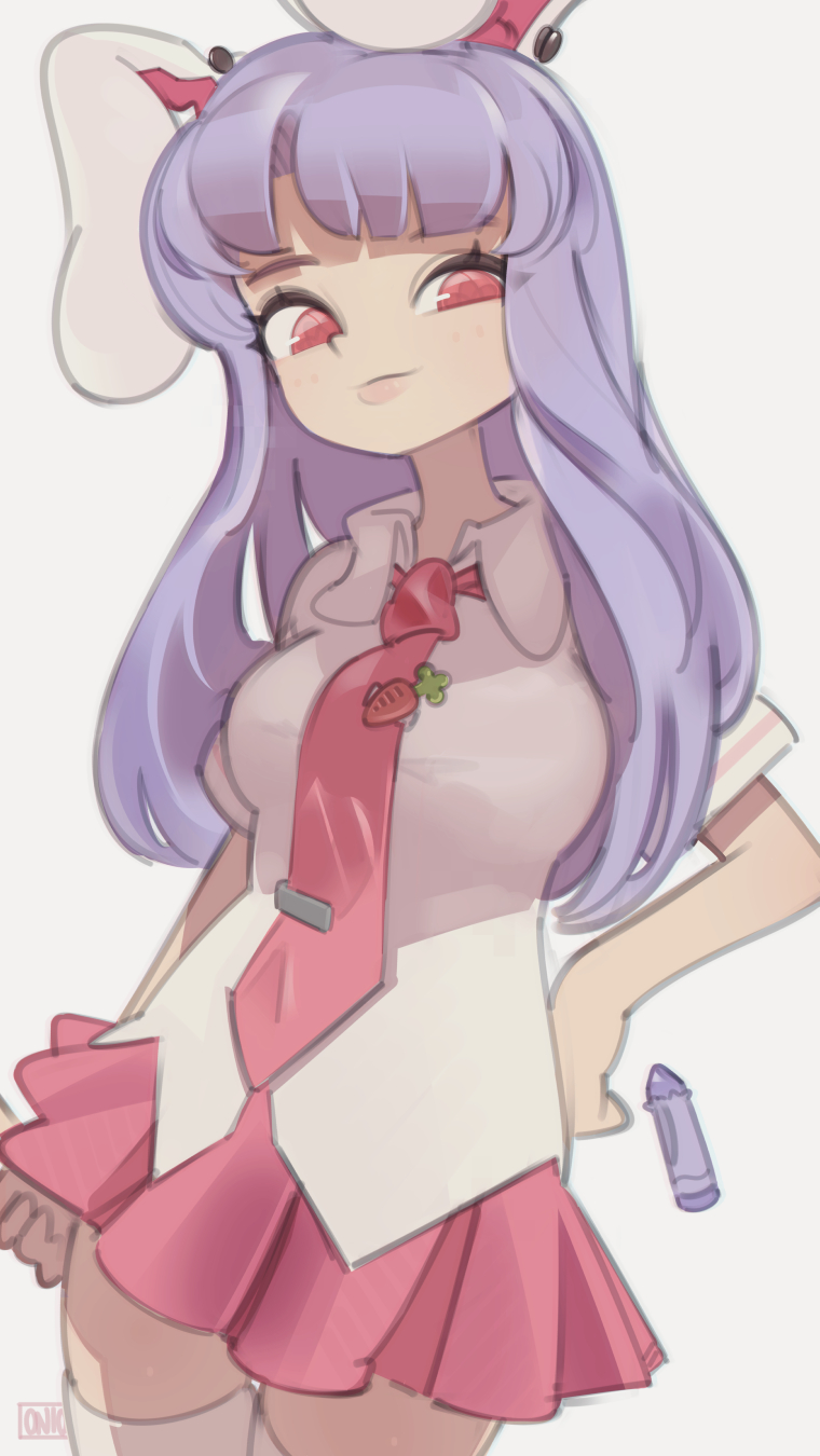 animal_ears bangs breasts clenched_hand collared_shirt crayon hand_on_hip highres light_smile looking_at_viewer medium_breasts necktie onionsketch pink_eyes pink_neckwear pink_skirt purple_hair rabbit_ears rabbit_girl reisen_udongein_inaba shirt skirt touhou white_background