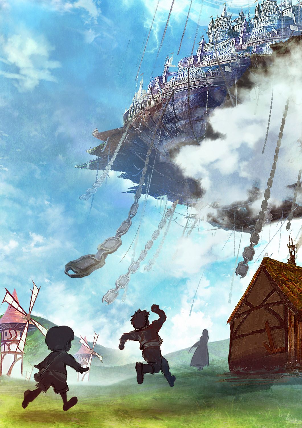 1girl 2boys blankcoin blue_sky building castle chain child clouds concept_art day fantasy floating_castle grass highres multiple_boys outdoors running scenery sky windmill