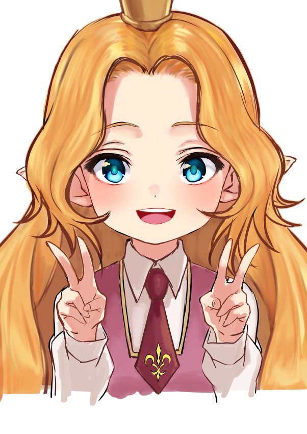 1girl ashford_academy_uniform blonde_hair blue_eyes charlotta_(granblue_fantasy) code_geass cosplay crown double_v granblue_fantasy long_hair looking_at_viewer nunnally_lamperouge nyantiu open_mouth pointy_ears school_uniform simple_background smile solo v very_long_hair white_background