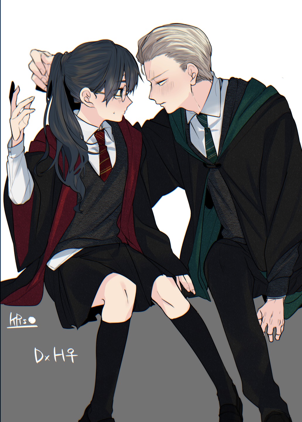 1boy 1girl black_robe blonde_hair blush draco_malfoy genderswap genderswap_(mtf) glasses gryffindor harry_james_potter harry_potter highres hogwarts_school_uniform karasumaru_(xkrsmr) long_hair necktie scar_on_forehead school_uniform short_hair skirt slytherin striped striped_neckwear