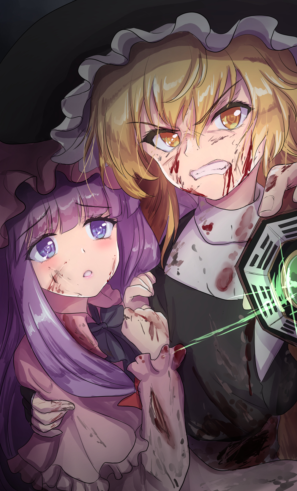 2girls angry bangs blonde_hair blood blood_from_mouth blood_on_clothes blood_on_face blood_on_hands blunt_bangs clenched_teeth hair_ribbon hat highres holding_another's_arm kirisame_marisa long_hair long_sleeves looking_at_another mini-hakkero mob_cap multiple_girls namiki_(remiter00) patchouli_knowledge purple_hair ribbon teeth touhou violet_eyes witch_hat worried yellow_eyes