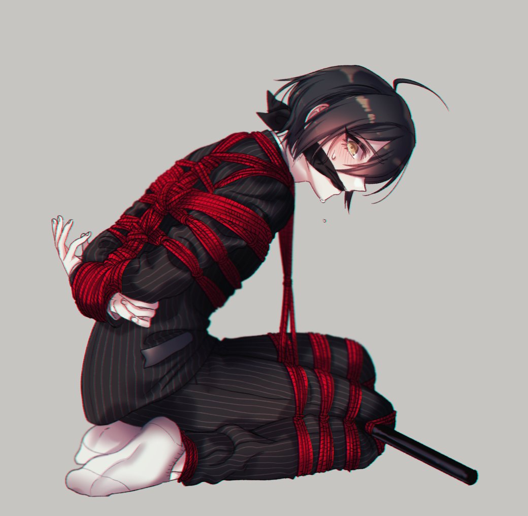 1boy ahoge bdsm black_hair bondage bound bound_arms bound_legs dangan_ronpa_(series) dangan_ronpa_v3:_killing_harmony gag gagged red_rope rope saihara_shuuichi shibari socks tied_up white_footwear yellow_eyes