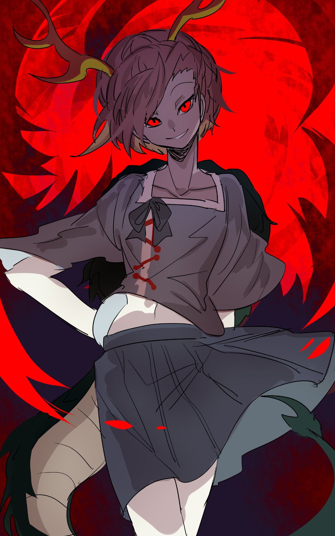 1girl asuku_(69-1-31) blonde_hair blue_shirt blue_skirt clothes_lift collarbone dragon_horns dragon_tail highres horns kicchou_yachie looking_at_viewer medium_skirt navel red_background red_eyes shirt shirt_lift short_hair skirt smile solo standing tail touhou turtle_shell wily_beast_and_weakest_creature