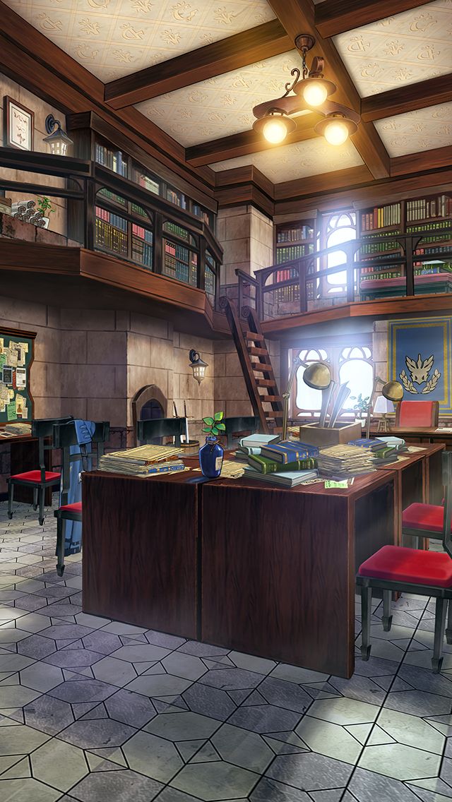 blankcoin book bookshelf bulletin_board ceiling chair desk fantasy indoors ladder lamp no_humans plant potted_plant scenery scroll tile_floor tiles vase window