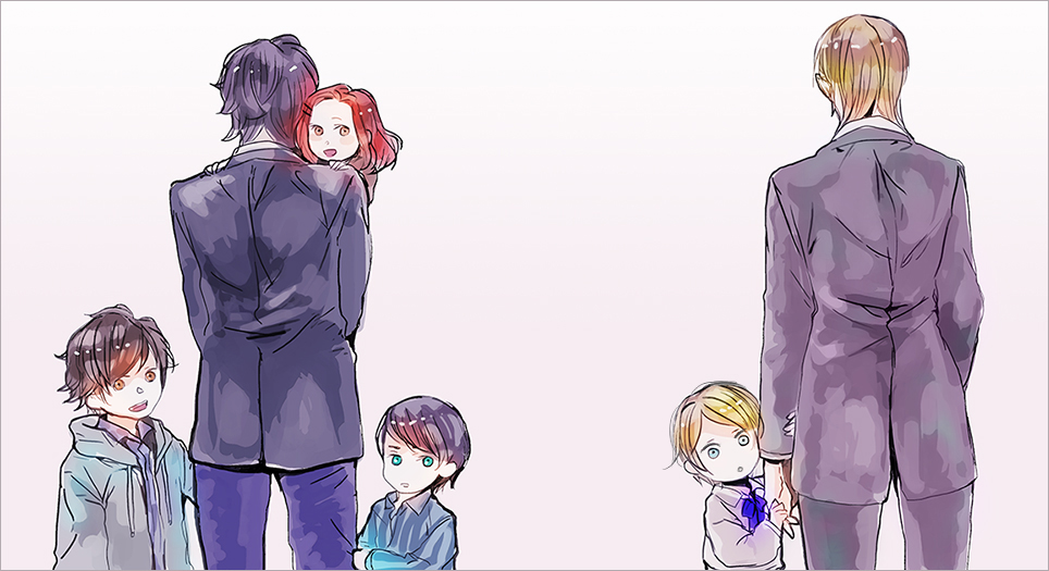 1girl 5boys albus_severus_potter black_hair blonde_hair brother_and_sister brothers carrying draco_malfoy father_and_son formal harry_james_potter harry_potter harry_potter:_the_cursed_child ihiro james_sirius_potter lily_luna_potter long_hair multiple_boys older redhead scorpius_malfoy short_hair siblings suit younger