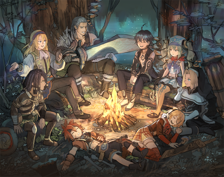 3girls 5boys ahoge aqua_hair black_footwear black_hair black_pants black_shorts blonde_hair blue_eyes boots campfire character_request closed_eyes gloves green_vest habit hairband hairlocs hand_up holding holding_sword holding_weapon long_hair long_sleeves lying megido72 midriff multiple_boys multiple_girls navel on_back open_mouth oversized_object pants plaid plaid_skirt profile redhead sasumata_jirou scar scar_on_face shirt shoes short_hair shorts sitting skirt sleeveless smile sword twintails vest weapon white_gloves white_shirt yellow_skirt