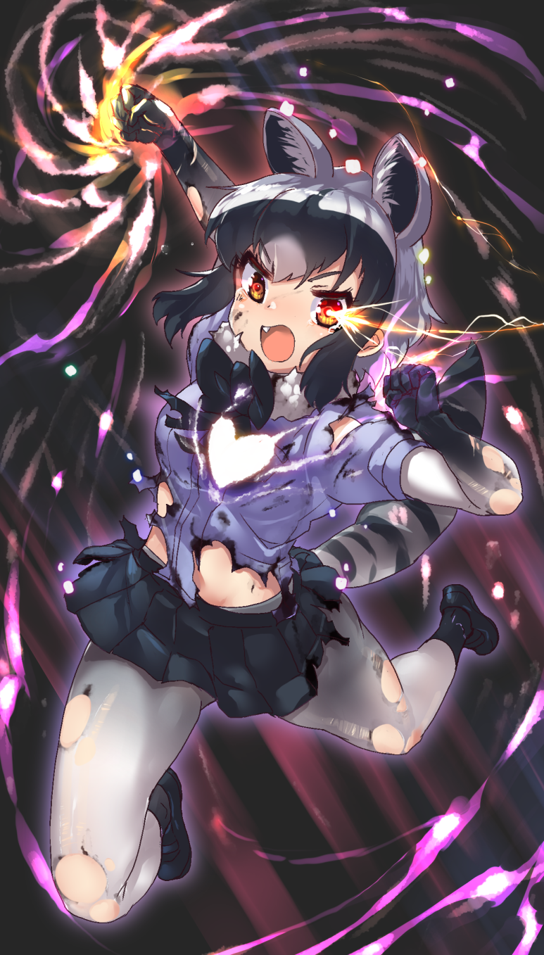 1girl animal_ear_fluff animal_ears aura bangs black_footwear black_hair black_neckwear black_skirt blue_shirt bow bowtie burnt_clothes clenched_hands common_raccoon_(kemono_friends) dirty dirty_face elbow_gloves extra_ears fang full_body fur_trim gloves glowing glowing_eyes grey_hair heart highres jumping kemono_friends multicolored_hair open_mouth orange_eyes pantyhose pleated_skirt puffy_short_sleeves puffy_sleeves punching raccoon_ears raccoon_girl raccoon_tail shirt shoes short_hair short_sleeves skirt solo tadano_magu tail torn_clothes torn_legwear torn_shirt torn_skirt v-shaped_eyebrows white_hair