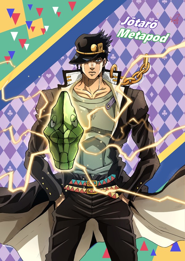 argyle argyle_background belt black_headwear black_jacket black_pants blue_eyes chain clover club_(shape) collarbone creatures_(company) diamond_(shape) earrings game_freak gen_1_pokemon green_shirt hat heart jacket jewelry jojo_no_kimyou_na_bouken kujo_jotaro lightning metapod nintendo pants pokemon shirt spade_(shape) stud_earrings triangle