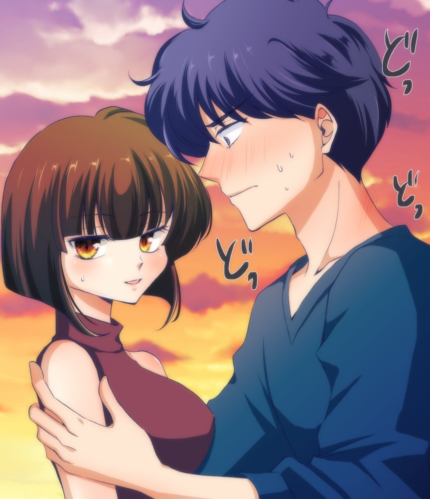 bangs bare_shoulders black_hair black_shirt blue_eyes blunt_bangs blush bob_cut breasts brown_hair clouds collarbone commentary dusk eyelashes hand_on_another's_shoulder height_difference kunou_tatewaki large_breasts looking_at_another looking_away nose_blush ranma_1/2 red_shirt shirt short_hair sky sleeveless sleeveless_turtleneck smile sunset sweat sweatdrop tendou_nabiki turtleneck uehara_doh v-neck