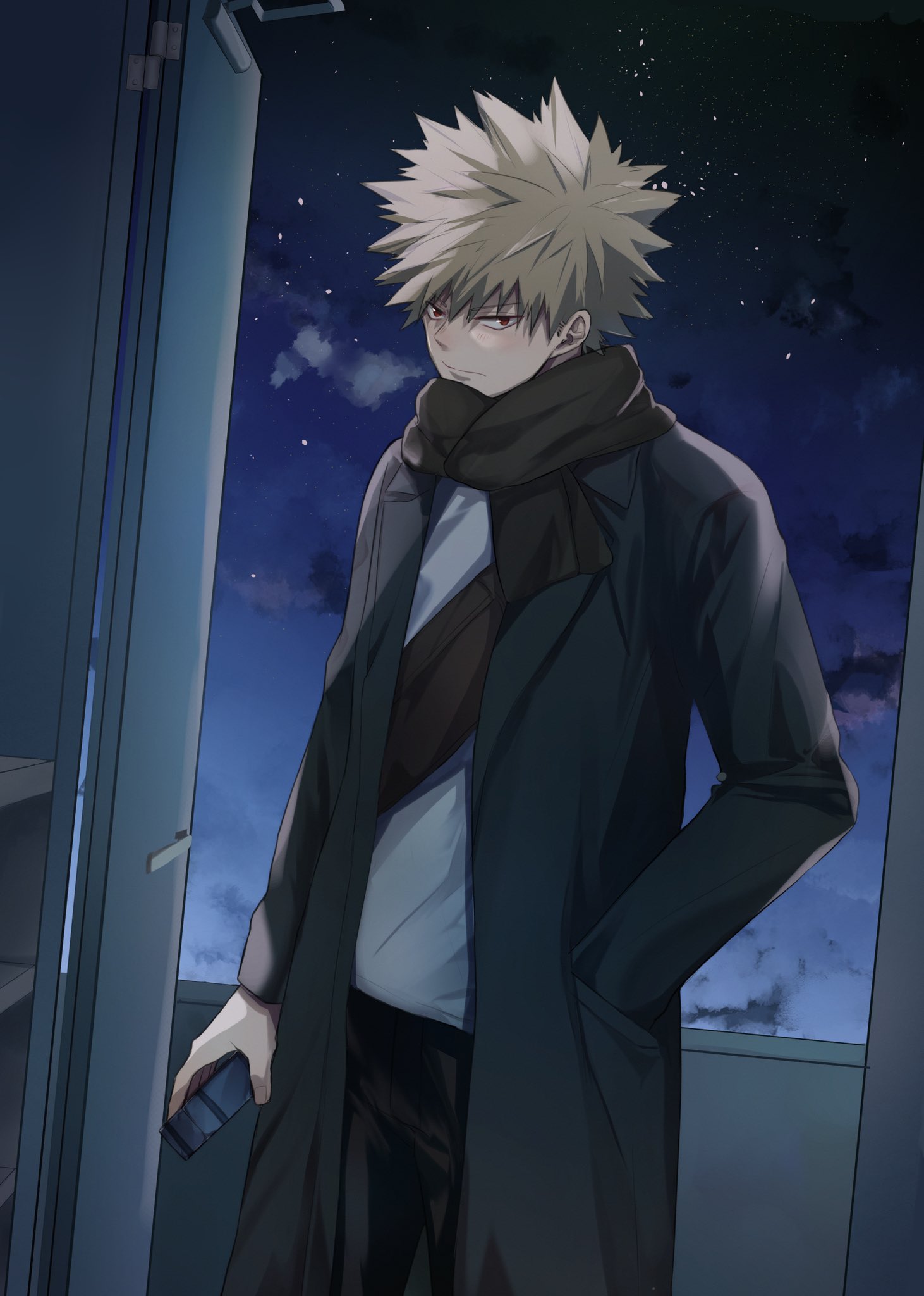 1boy alternate_costume bakugou_katsuki bangs black_jacket black_pants blonde_hair boku_no_hero_academia brown_pants brown_scarf closed_mouth commentary_request cowboy_shot door gift grey_shirt highres holding holding_gift jacket long_sleeves looking_at_viewer male_focus night night_sky noizu_(noi_hr) open_clothes open_jacket outdoors pants red_eyes scarf shirt sky smile solo spiky_hair star_(sky) starry_sky