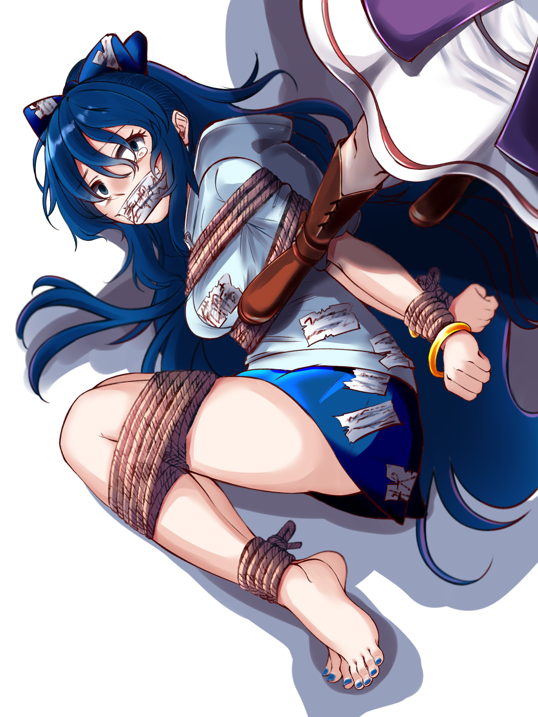 2girls blue_hair bondage boots bound bound_arms bound_legs bow bracelet debt gag gagged grey_hoodie hair_bow highres hood hoodie jewelry looking_up multiple_girls shibari skirt stepped_on tears touhou yorigami_jo'on yorigami_shion