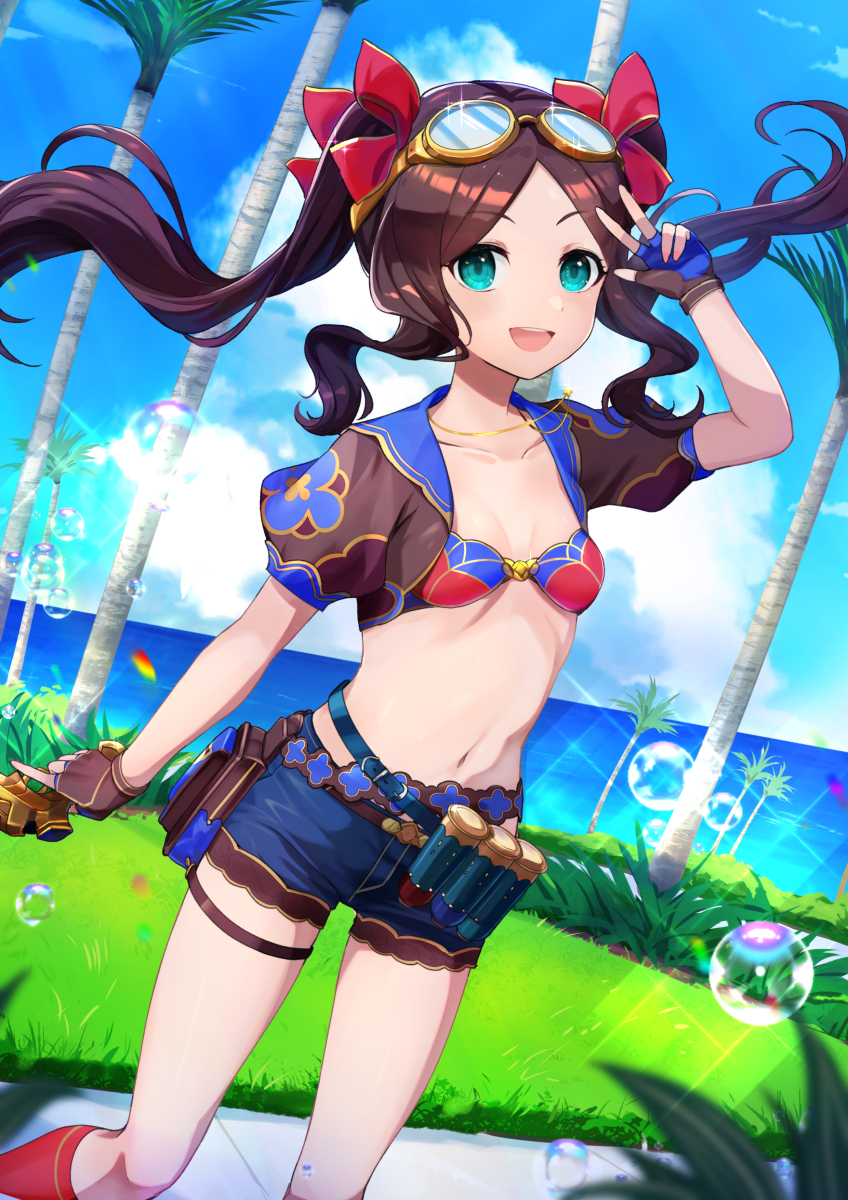 1girl bangs beach bikini bikini_top blue_eyes blue_shorts blue_sky blush breasts brown_gloves brown_hair bubble capsule collarbone fate/grand_order fate_(series) fingerless_gloves forehead gloves goggles gun hair_ribbon highres hsin jewelry leonardo_da_vinci_(fate) leonardo_da_vinci_(rider)_(fate) long_hair looking_at_viewer necklace open_mouth palm_tree parted_bangs puffy_short_sleeves puffy_sleeves red_bikini red_ribbon ribbon short_shorts short_sleeves shorts shrug_(clothing) sidelocks sky small_breasts smile solo sparkle swimsuit thighs tree twintails w weapon