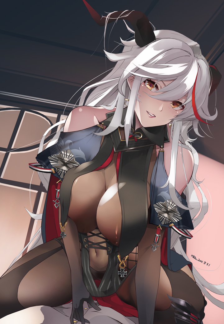 1girl absurdly_long_hair aegir_(azur_lane) azitama_atsushi_(attyuu) azur_lane bare_shoulders black_cape black_gloves black_legwear bodystocking boots breast_curtains breasts cape covered_navel cross cross-laced_clothes cross_earrings demon_horns earrings elbow_gloves gloves hair_between_eyes hair_on_horn horns impossible_clothes indoors iron_cross jewelry knee_boots large_breasts long_hair looking_at_viewer multicolored_hair redhead shirt single_knee_boot skin_tight streaked_hair two-tone_hair underbust very_long_hair white_hair white_shirt window yellow_eyes