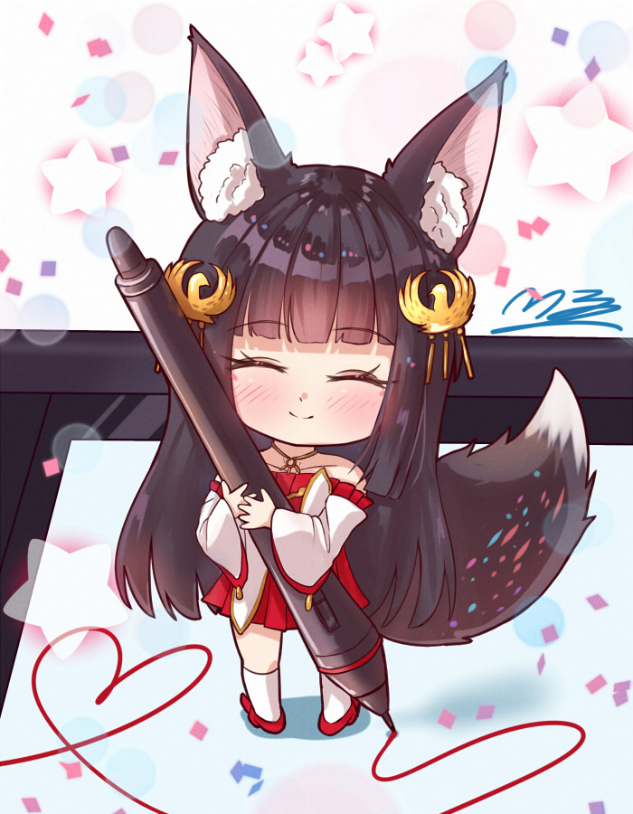 1girl ^_^ animal_ear_fluff animal_ears azur_lane bangs bare_shoulders black_hair blunt_bangs chibi closed_eyes closed_mouth collarbone drawing_tablet dress facing_viewer fox_ears fox_girl fox_tail full_body hair_ornament heart holding holding_stylus kneehighs long_hair long_sleeves m_ko_(maxft2) nagato_(azur_lane) oekaki_musume pleated_dress red_dress red_footwear shoes smile solo standing starry_background stylus tail very_long_hair white_background white_legwear wide_sleeves