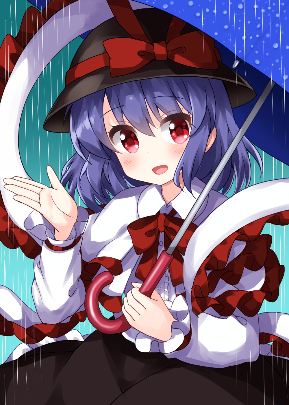1girl black_headwear black_skirt blush buttons capelet center_frills collared_shirt eyebrows_visible_through_hair frilled_capelet frilled_sleeves frills hagoromo hair_between_eyes hat hat_ribbon highres holding holding_umbrella long_sleeves nagae_iku open_mouth purple_hair red_eyes red_ribbon ribbon ruu_(tksymkw) shawl shirt short_hair skirt smile solo touhou umbrella white_capelet white_shirt