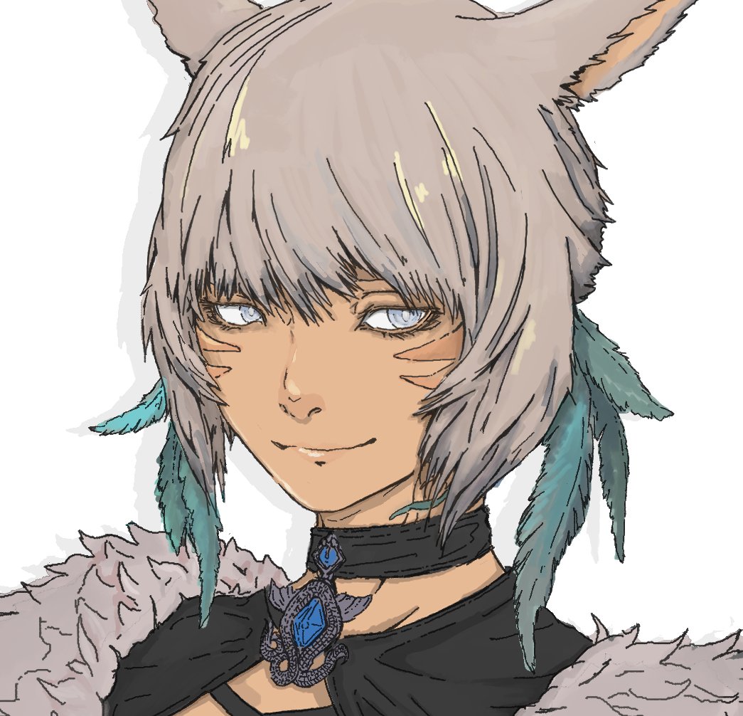1girl animal_ears bangs blue_eyes bright_pupils brooch cat_ears choker closed_mouth face facial_mark feather_hair_ornament feathers final_fantasy final_fantasy_xiv fur_trim grey_hair hair_ornament jewelry lips looking_at_viewer miqo'te short_hair smile solo tan tumubar117 whisker_markings white_pupils y'shtola_rhul