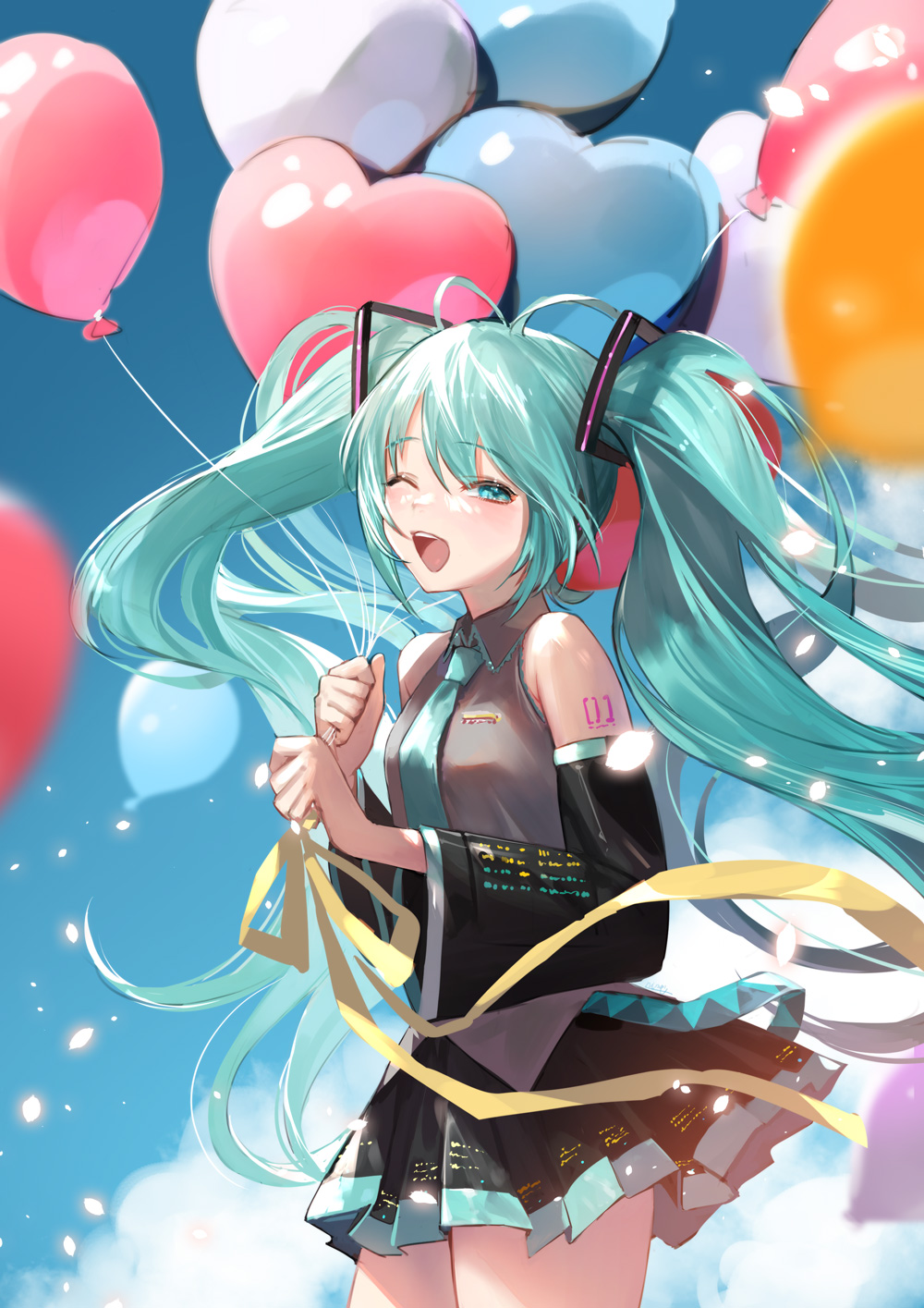 1girl ;d antenna_hair balloon bangs bare_shoulders black_skirt black_sleeves blue_sky clouds collared_shirt commentary day detached_sleeves eyebrows_visible_through_hair green_eyes green_hair grey_shirt hatsune_miku heart_balloon highres holding holding_balloon long_sleeves nima_(niru54) one_eye_closed open_mouth outdoors pleated_skirt shirt skirt sky sleeveless sleeveless_shirt smile solo symbol-only_commentary twintails vocaloid wide_sleeves