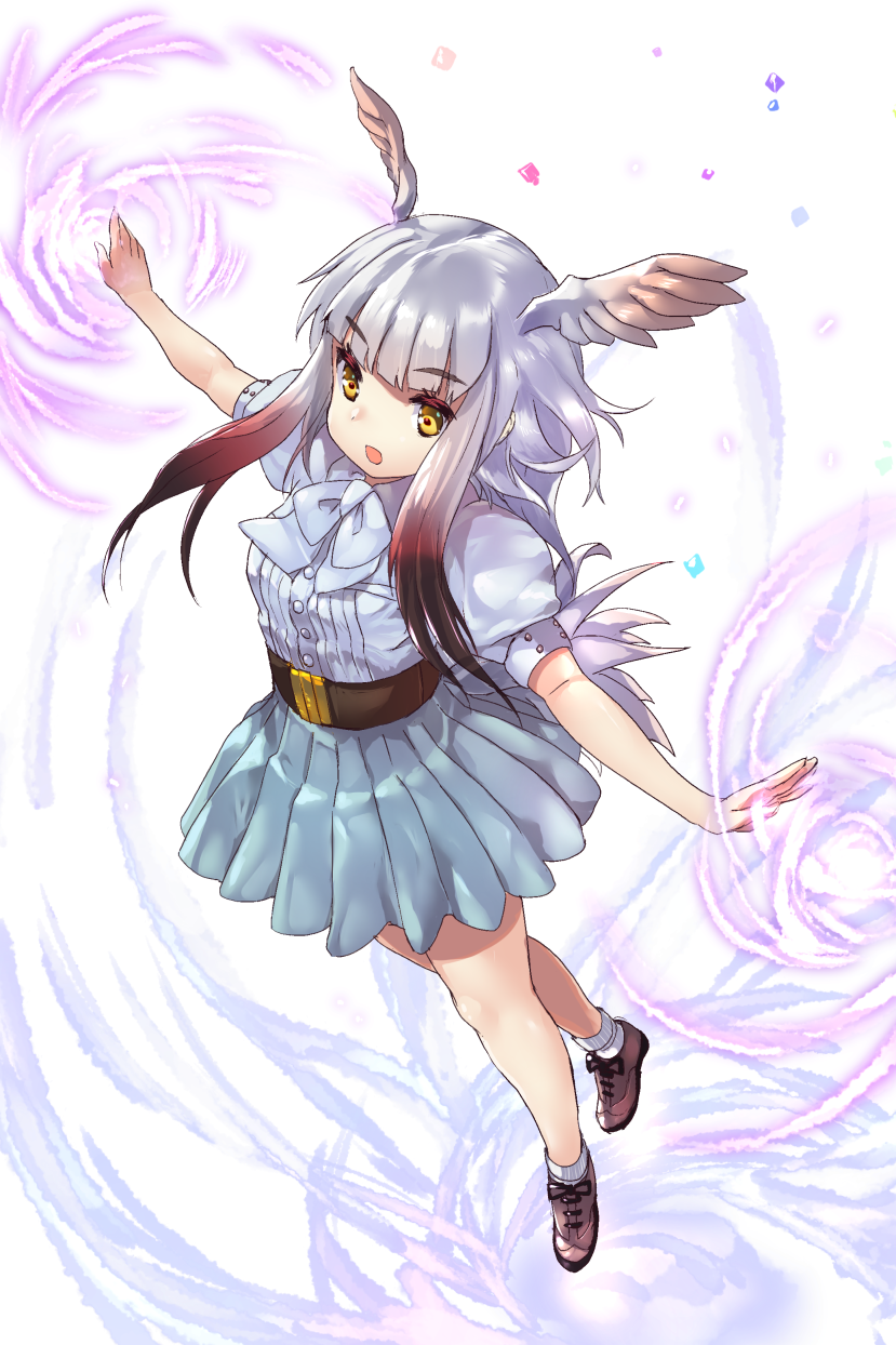 1girl bangs belt bird_tail bird_wings blunt_bangs bow bowtie brown_footwear brown_hair eyebrows_visible_through_hair full_body gradient_hair head_wings highres japanese_crested_ibis_(kemono_friends) kemono_friends long_hair multicolored_hair open_mouth outstretched_arms pleated_skirt puffy_short_sleeves puffy_sleeves redhead shoes short_sleeves sidelocks simple_background skirt solo spread_arms tadano_magu tail white_background white_hair white_neckwear wings yellow_eyes