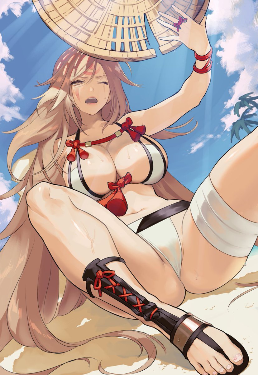 1girl baiken bikini blue_sky breasts brown_hair clouds commentary_request day facial_mark guilty_gear guilty_gear_xrd hat highres holding holding_clothes holding_hat jako_(toyprn) large_breasts legs long_hair nail_polish navel one_eye_closed open_mouth palm_tree pink_nails sand sandals shiny shiny_skin sitting sky solo sweat swimsuit thighs toenail_polish toenails toes tree very_long_hair white_bikini