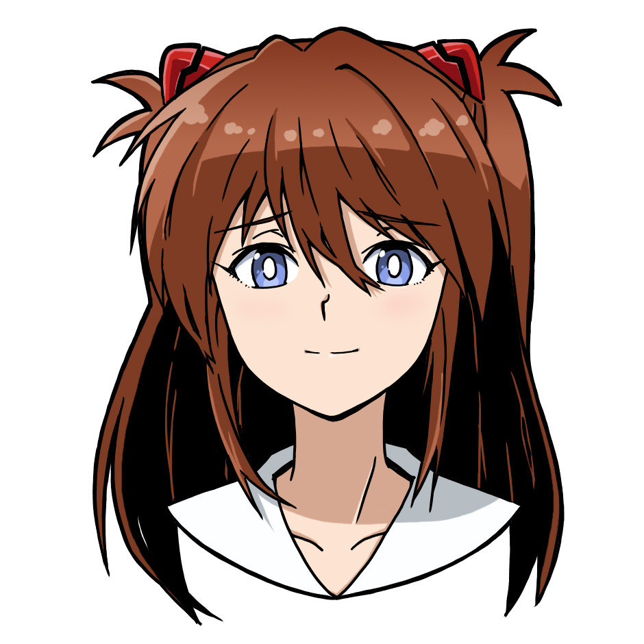 1girl blue_eyes brown_hair collar commentary eyebrows_visible_through_hair happy light_smile long_hair looking_at_viewer neon_genesis_evangelion red_headwear sasihmi school_uniform simple_background souryuu_asuka_langley tagme upper_body white_background white_collar