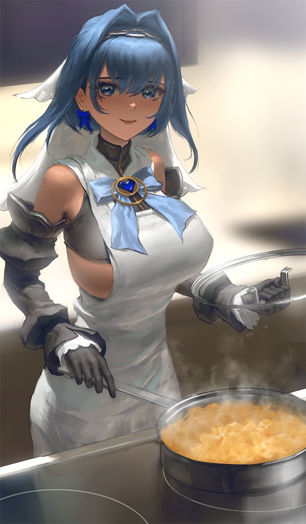 bangs blue_eyes blue_hair blue_ribbon blurry blurry_background breasts cooking detached_sleeves dress eyebrows_visible_through_hair food frying_pan gloves hair_intakes hololive hololive_english infi kitchen large_breasts looking_at_viewer medium_hair ouro_kronii pasta ribbon smile steam stove virtual_youtuber white_dress